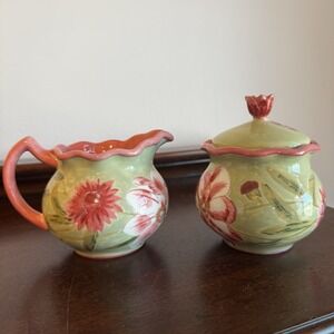 April Cornell Ceramic Sugar Creamer Green Pink Butterfly Lidded Sugar Bowl Set